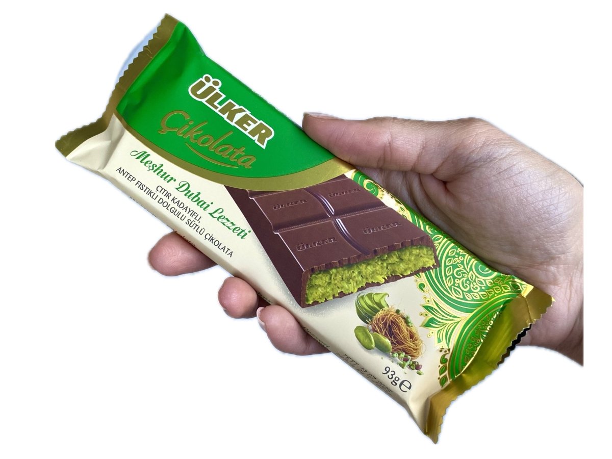 The Best Dubai Chocolate: Ulker Dubai Chocolate bar with Antep pistachio cream and visible crunchy kadaif pieces