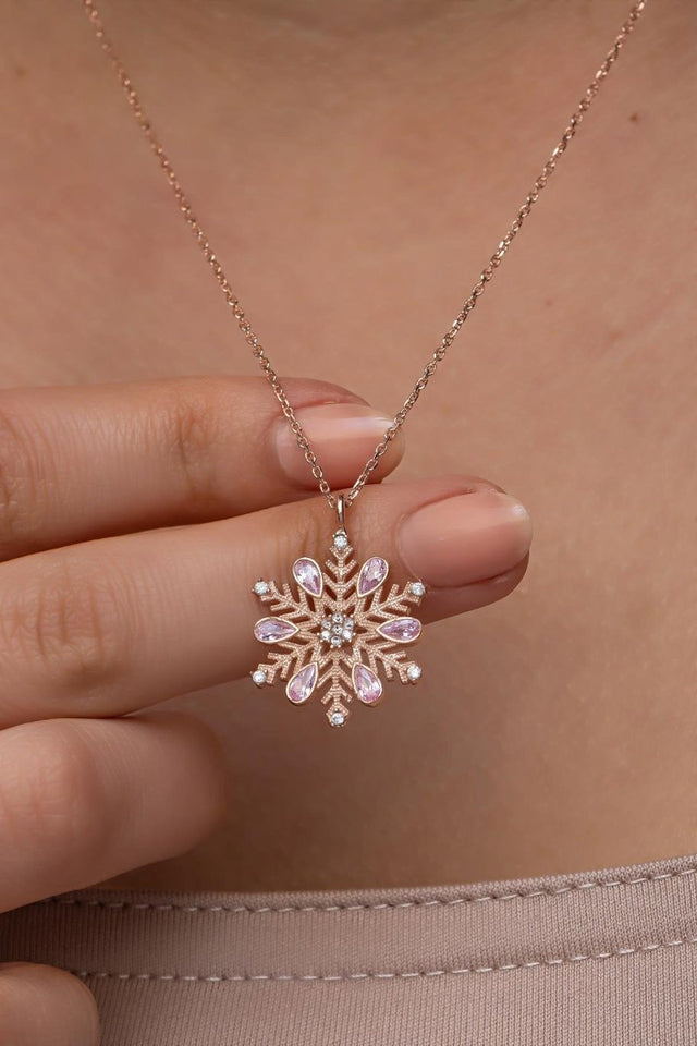 Nereze | Rose Plated Snowflake Necklace with Pink Stone - TryAladdin