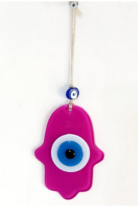 Nazar Beaded Fuchsia Color Hand Shaped Glass Wall Ornament - TryAladdin