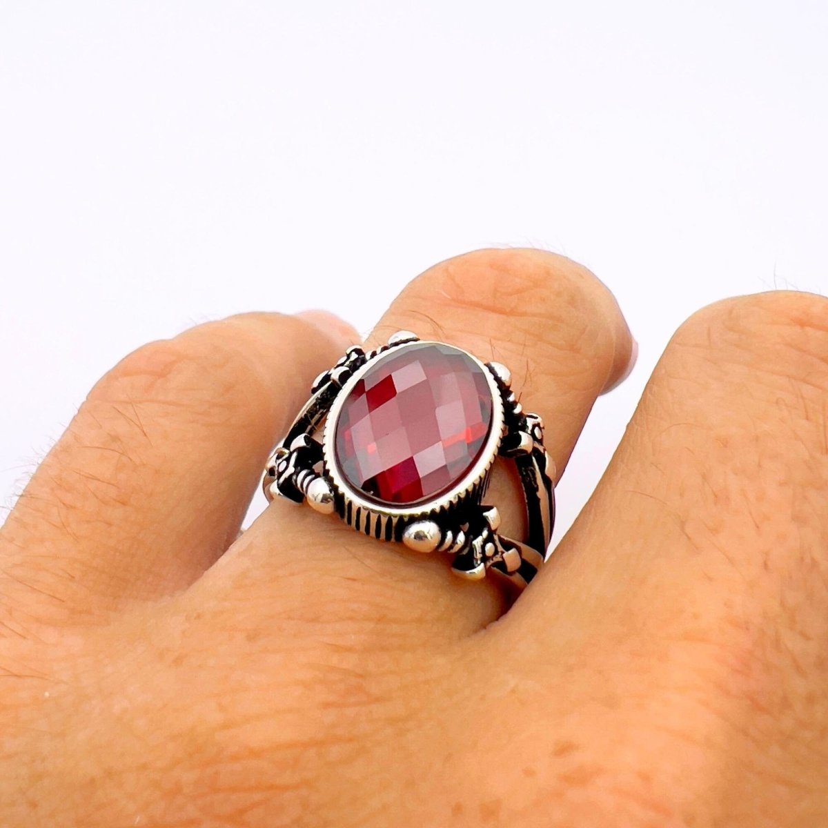Men's Red Zircon Stone Turkish Handmade Sword Detailed Ring - TryAladdin
